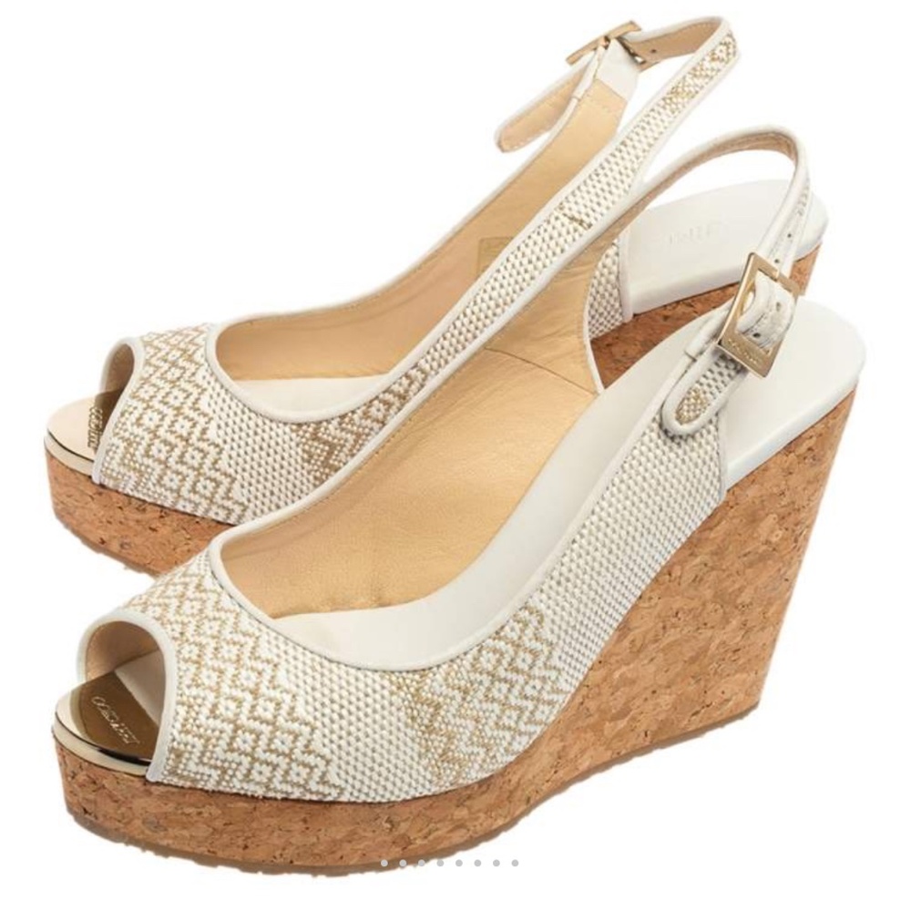 Jimmy Choo White and Natural Cork Woven Peep-Toe Wedge Sandals